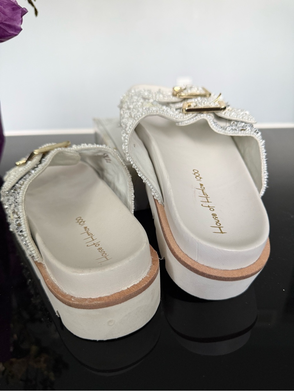 House of Harlow 1960 White Embellished Double-Buckle Slide Clogs - Picture 6 of 9